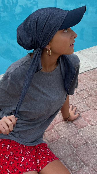 Denim Sun Visor Baseball Cap Tie Back Hat Blue or Black Sun Visor Scarf Hijab Covering