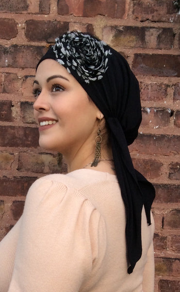 Black Tie Back Hat Lycra Dressy Pre-Tied Scarf - Uptown Girl Headwear