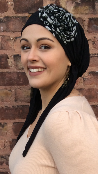 Black Tie Back Hat Lycra Dressy Pre-Tied Scarf - Uptown Girl Headwear