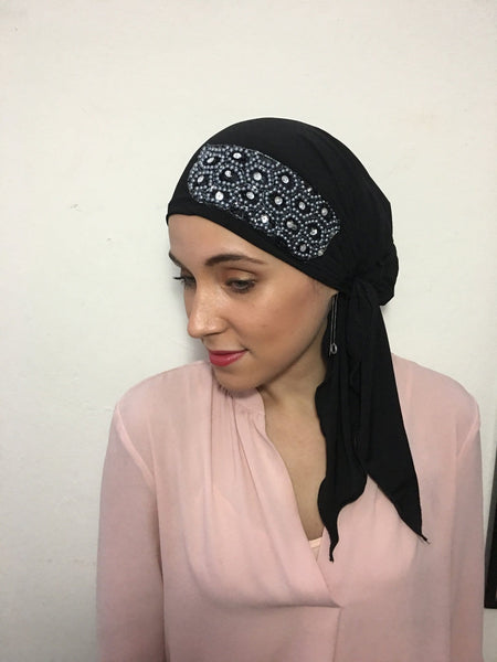 Stunning Pre Tied Modern Hijab Head Scarf with Applique (Black or Grey Scarf) - Uptown Girl Headwear