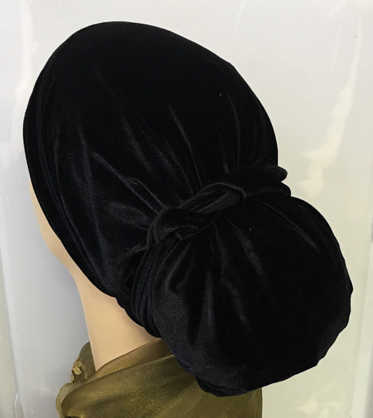 Black Velvet New Slip On Style Quality Stretchy Pre Tied Scarf Hair Wrap For Muslim Jewish Christian Women - Uptown Girl Headwear