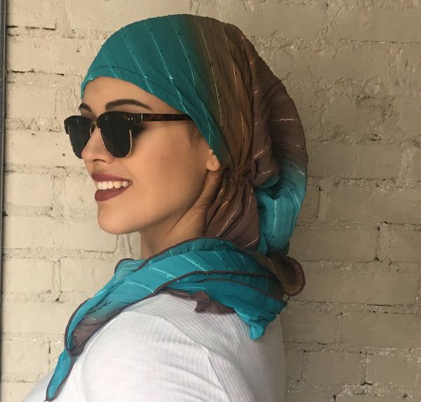 Brown Turquoise Easy Slip On Style Sequined Pre Tied Stunning Head Scarf Hijab Head Wrap For Women - Uptown Girl Headwear