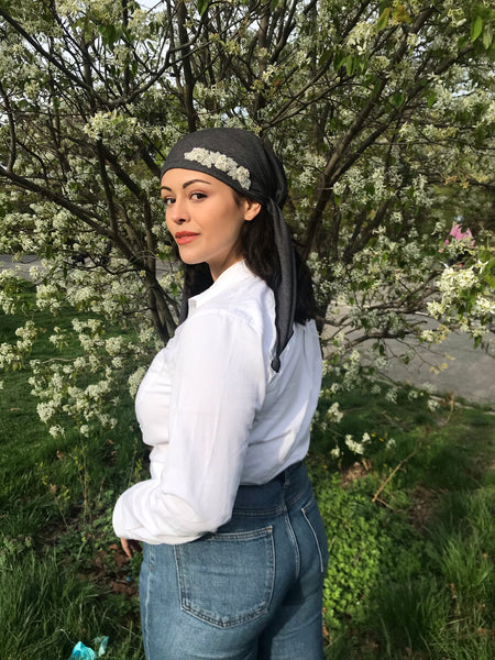 Vintage Style Head Scarf | With Sparkly Design | Headwear For Women Dressy Formal Fancy Pre-Tied Hair Scarf | Made in USA