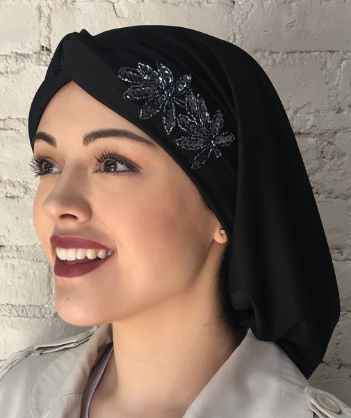 Uptown Girl Headwear Classic Top Knot Snood Turban Hijab With Stunning Applique - Uptown Girl Headwear