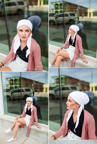 Tie Back Hat. White Cotton Pre-Tied Head Wrap Scarf Tichel Hijab For Women With or Without Hair - Uptown Girl Headwear