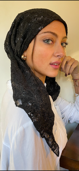 Stunning Black Lace Pre Tied Scarf For Women. Made in USA by Uptown Girl Headwear