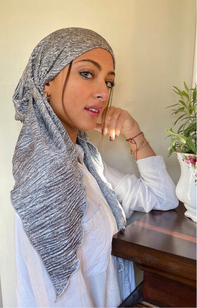 Modern Silver Grey Headscarf | Head Cover Turban For Women | Long Tie Back Hat Hair Wrap To Conceal Hair | Silver Fitted Pre Tied Head Covering | Head Wrap Scarf For Women