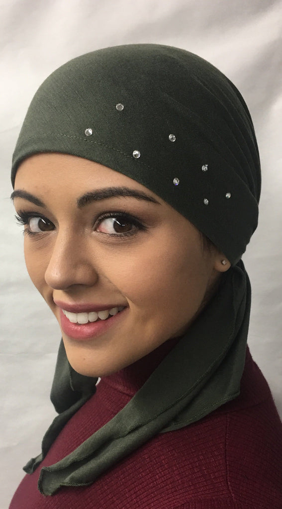 New Easy Slip On Style Premium Green Pre-Tied Headscarf Hijab Tichel With Swarovski Crystal Design - Uptown Girl Headwear
