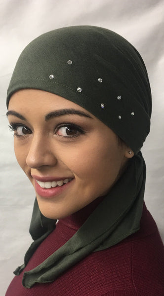 New Easy Slip On Style Premium Green Pre-Tied Headscarf Hijab Tichel With Swarovski Crystal Design - Uptown Girl Headwear