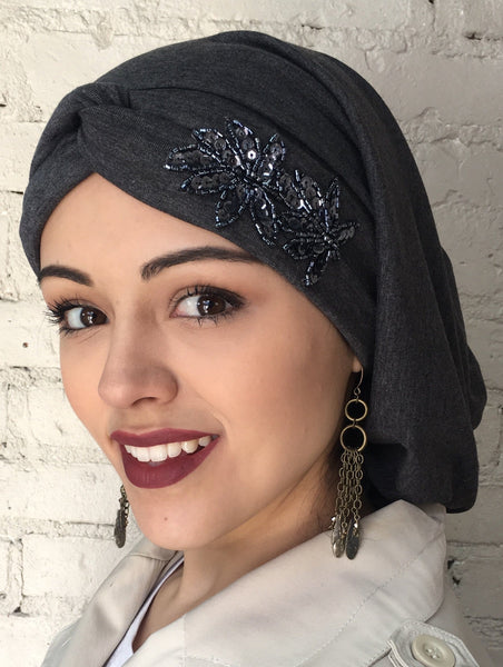 Uptown Girl Headwear Classic Top Knot Snood Turban Hijab With Stunning Applique - Uptown Girl Headwear