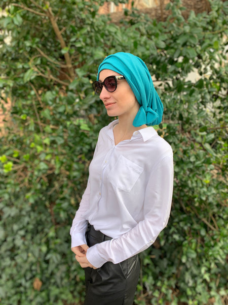Tichel | Hair Wrap | Turquoise Wrap Around 10 Way Tie Head Scarf by Uptown Girl Headwear | Made in USA