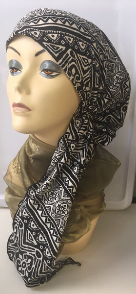 Aztec Pattern Black Pre-Tied Hijab Style Hair Wrap Slip On Head Scarf - Uptown Girl Headwear