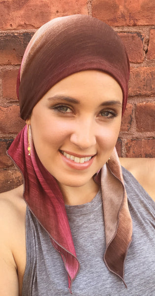 Best Seller! Cocoa Raspberry SMALL Headsize Lightweight Tie Dye Hijab Pre-Tied Head Scarf - Uptown Girl Headwear