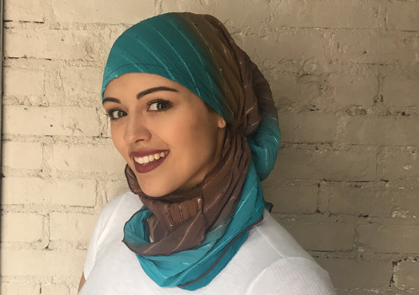 Brown Turquoise Easy Slip On Style Sequined Pre Tied Stunning Head Scarf Hijab Head Wrap For Women - Uptown Girl Headwear