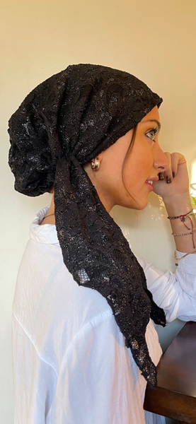 Stunning Black Lace Pre Tied Scarf For Women. Made in USA by Uptown Girl Headwear