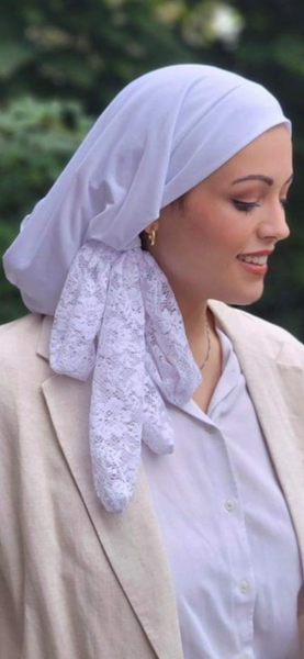 Tie Back White Classic Hair Snood Turban. Lycra & Lace. Made in USA