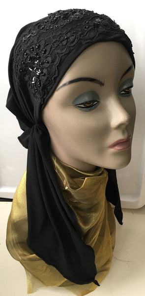 Stunning Black Lycra Pre Tied Scarf With Lace - Uptown Girl Headwear