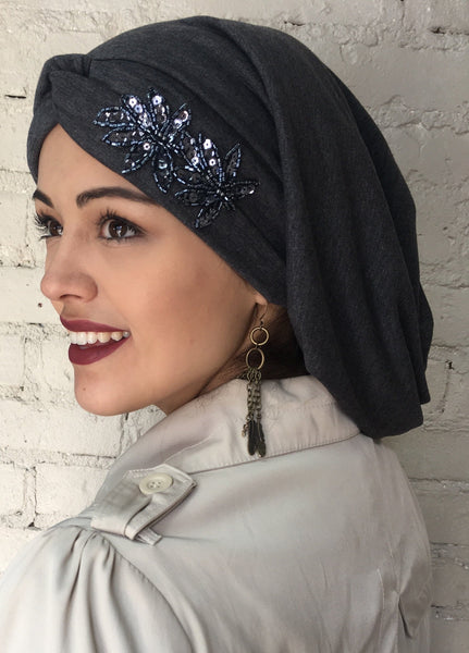 Uptown Girl Headwear Classic Top Knot Snood Turban Hijab With Stunning Applique - Uptown Girl Headwear