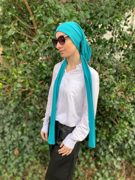 Tichel | Hair Wrap | Turquoise Wrap Around 10 Way Tie Head Scarf by Uptown Girl Headwear | Made in USA