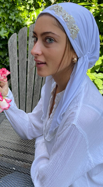 White Pre-Tied Head Scarf Accented With Diamond Pearl Look