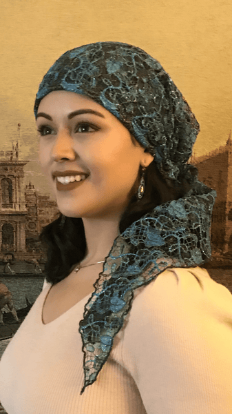 Stunning Silver Blue Lace Wrap Around Pre Tied Tichel Hijab Headcovering With Lining - Uptown Girl Headwear