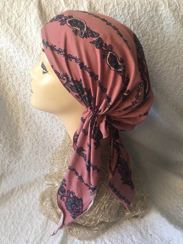 Tie Back Hat Scrub Cap Pink Pattern Pre Tied Soft & Stretchy Headscarf - Uptown Girl Headwear