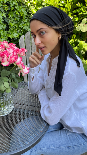 Black Cotton Tichel Pre Tied Bandana Hijab Hair Scarf. Made in USA by Uptown Girl Headweae