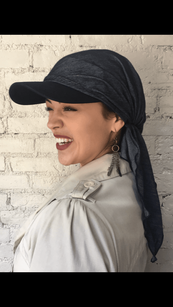 Tie Back Hat Blue or Black Denim Sun Visor Scarf Hijab Head Covering - Uptown Girl Headwear