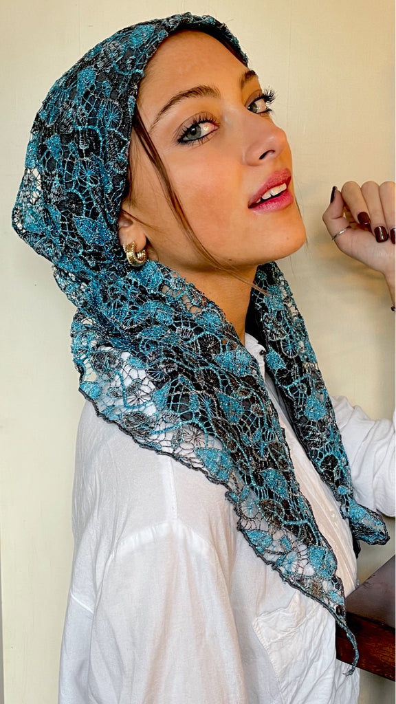 Headwear Silver Blue Lace Wrap Around Pre Tied Tichel Hijab Headcovering With Lining. Made in USA by Uptown Girl Headwear