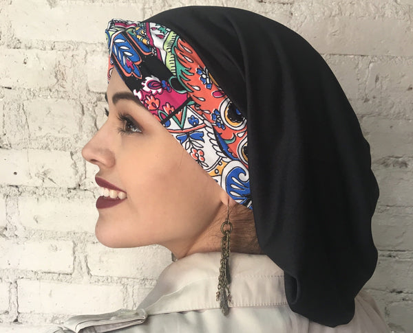 Laughing Happy Colors Turban Twist Hair Snood Hijab with Multicolor Twist Headband - Uptown Girl Headwear
