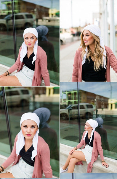 Tie Back Hat. White Cotton Pre-Tied Head Wrap Scarf Tichel Hijab For Women With or Without Hair - Uptown Girl Headwear