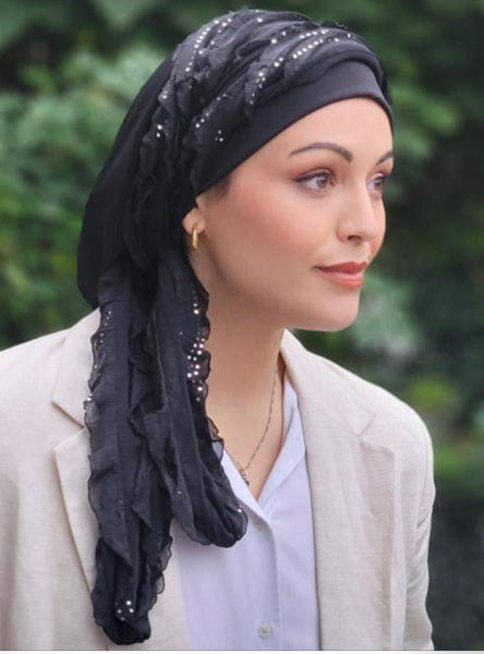 Stunning Black silver wrap around snood turban