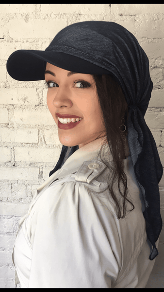 Tie Back Hat Blue or Black Denim Sun Visor Scarf Hijab Head Covering - Uptown Girl Headwear