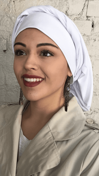 Tie Back White Classic Hair Snood Turban. Cotton & Lace. Made in USA - Uptown Girl Headwear