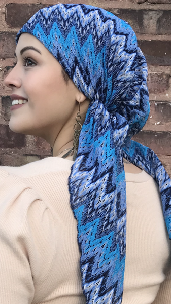 Blue Head Scarf With Lining. Lace Lightweight Hair Covering For Women. Made in USA