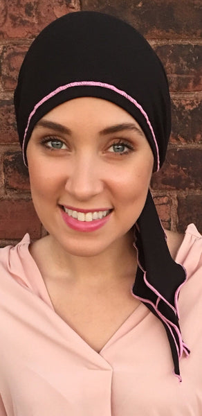 Personal Gift For Girlfriend Black Cotton Athletic Hair Wrap With Pink Piping Finish - Uptown Girl Headwear