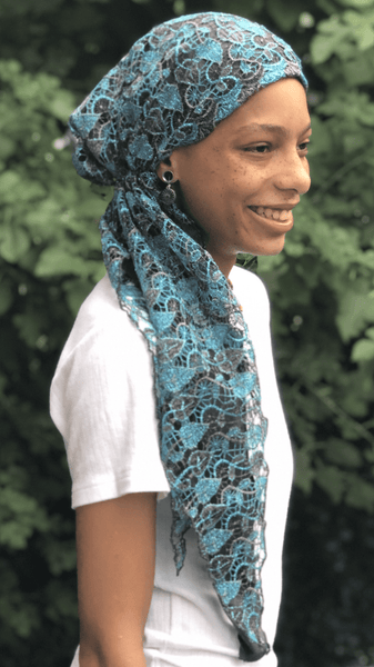 Stunning Silver Blue Lace Wrap Around Pre Tied Tichel Hijab Headcovering With Lining - Uptown Girl Headwear