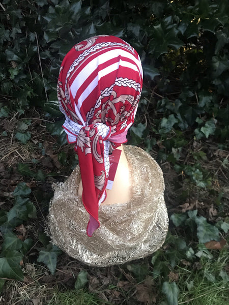 Christmas Gift | Elegant Red Head Scarf Tie Back Cap For Women Easy Slip On Style Pre-Tied. Made in USA