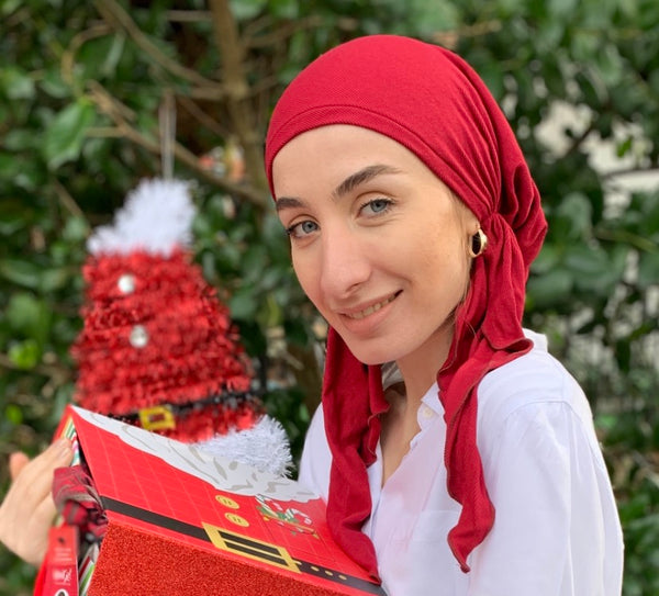 Christmas Gift | Elegant Red Head Scarf Tie Back Cap For Women Easy Slip On Style Pre-Tied. Made in USA