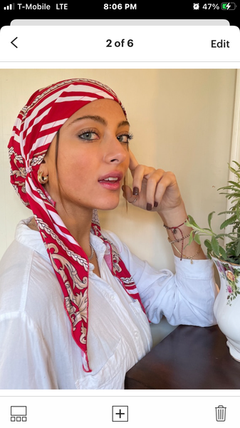 Christmas Gift | Elegant Red Head Scarf Tie Back Cap For Women Easy Slip On Style Pre-Tied. Made in USA