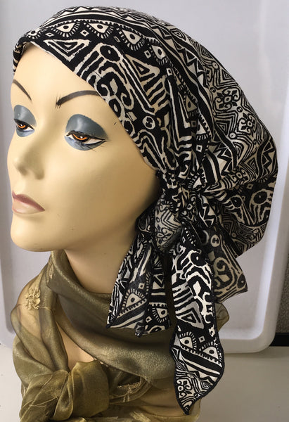 Aztec Pattern Black Pre-Tied Hijab Style Hair Wrap Slip On Head Scarf - Uptown Girl Headwear