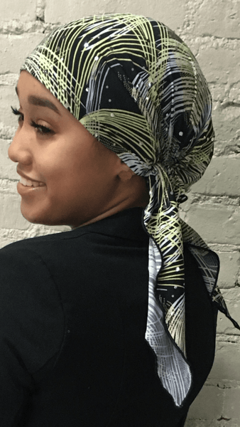 Tie Back Hat Black White Yellow Lycra Pre-Tied Hair Scarf Hijab Covering  Headwear - Uptown Girl Headwear