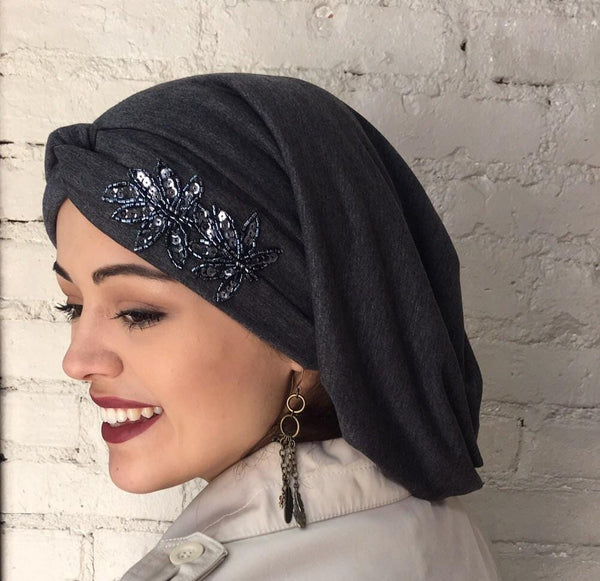 Uptown Girl Headwear Classic Top Knot Snood Turban Hijab With Stunning Applique - Uptown Girl Headwear