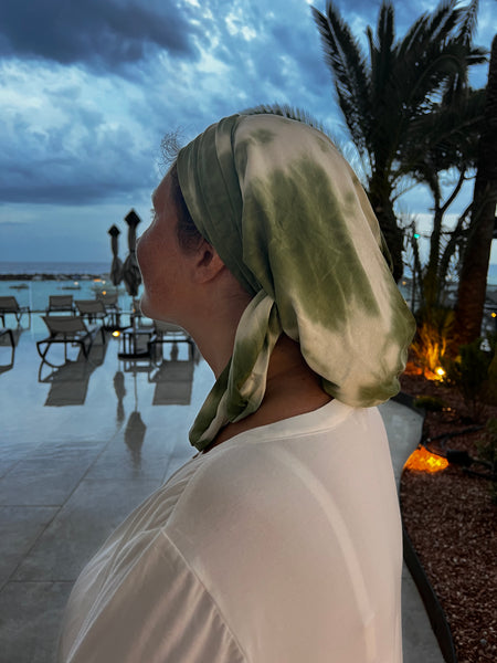 Headgear | Tie Dye Green Wrap Around Turban Snood | Made in USA by Uptown Girl Headwear | 10 Way Tie Hair Wrap