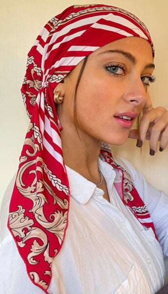 Turban Hair Scarf Gift | Elegant Red Head Scarf Tie Back Cap For Women Easy Slip On Style Pre-Tied | Proudly Made in USA