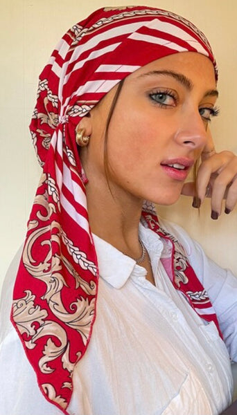 Turban Hair Scarf Gift | Elegant Red Head Scarf Tie Back Cap For Women Easy Slip On Style Pre-Tied. Made in USA