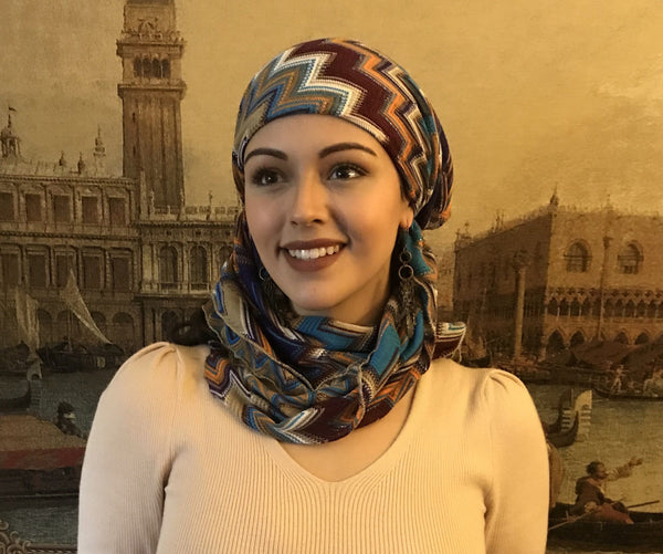 Stunning Designer Inspired Tie Back Hat Pre Tied Autumn Fall Head Scarf Hijab Tichel - Uptown Girl Headwear