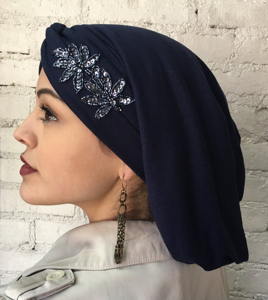 Uptown Girl Headwear Classic Top Knot Snood Turban Hijab With Stunning Applique - Uptown Girl Headwear