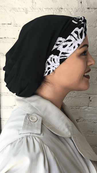 Tichel Black and White Stretchy Chic Snood Turban Hijab For Muslim Jewish Christian Women - Uptown Girl Headwear