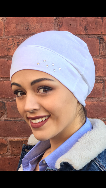 Gift Idea White Cotton Sleeping Cap with Swarovski Crystals - Uptown Girl Headwear